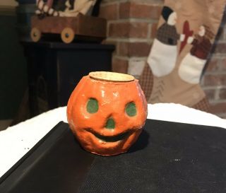 Vintage Antique Halloween Jack O Lantern Nut Cup Paper Mache Pumpkin With Insert