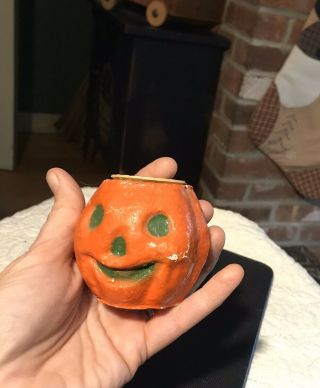 Vintage Antique halloween jack o lantern nut cup paper mache pumpkin With Insert 2