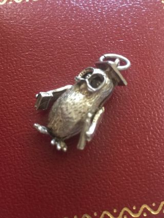 Rare Vintage Silver Wise Owl Graduation Charm With Moving Arms And Eyes