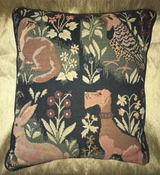 Medieval French Tapestry Cushion Pillow Vintage Fine Art Decor Rabbit Dog
