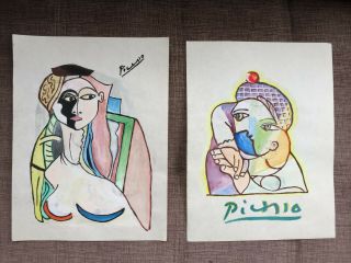 Pablo Picasso Spanish Artist Watercolor Drawings On Paper Signed 4