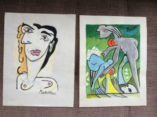 Pablo Picasso Spanish Artist Watercolor Drawings On Paper Signed 3