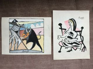 Pablo Picasso Spanish Artist Watercolor Drawings On Paper Signed 2