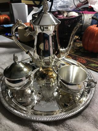 Vintage Silver Plated 4 Piece Tea Set Teapot With Sugar,  Creamer,  Serving Tray