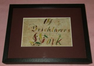 Antique 19th C American Folk Art Watercolor Fraktur Bookmark Bricklayers Masons