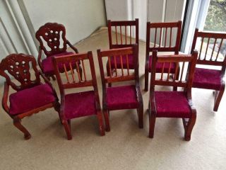 Vintage Dollhouse Miniature Set Of 8 Classic Upholstered Wood Dining Chairs 1/12