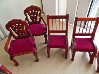 Vintage Dollhouse Miniature Set of 8 Classic Upholstered Wood Dining Chairs 1/12 2