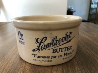 Vintage Lambrecht 1.  5 Lb Butter Crock Stoneware Milwaukee Chicago Advertising