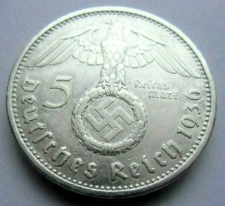 (5) Rare Wwii German 5 Mark - 1936 A - 90 Silver - Coin Big Swastika