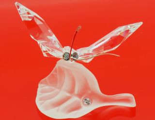 Swarovski Crystal Butterfly On Frosted Leaf Figurine Rare