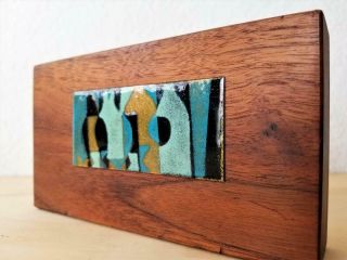 Desk Organizer Pen Holder Enamel Copper Abstract Mid Century Modern Teak Wood