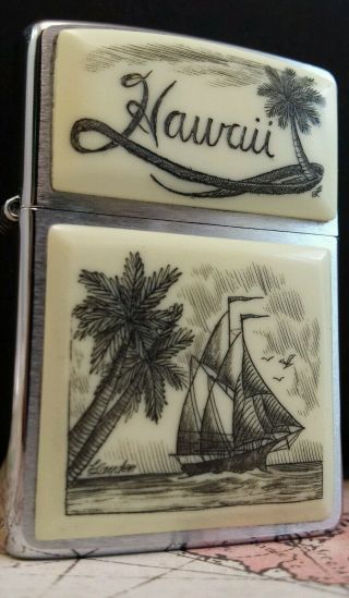 Rare Linda Layden Scrimshaw Zippo Lighter Hawaii Sail Boat Ship Palm Trees Birds