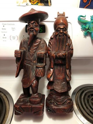 Vintage Chinese Red Wood Hand Carved Fisher Old Man Statues Set Pair Large 12”
