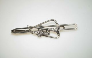 Vintage Trumpet Tie Clip Silver Tone 2.  75 "