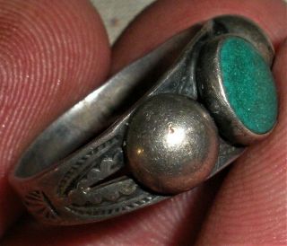 Antique C.  1950 Navajo Sterling Silver Ring Turquoise W/ Stampwork Vafo