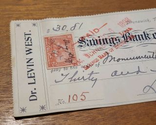 Antique 1898 Check Paid Receipt Savings Bank of Brunswick Baltimore MD 2