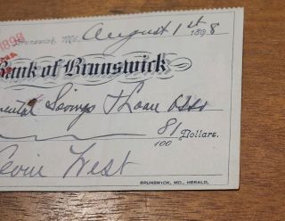 Antique 1898 Check Paid Receipt Savings Bank of Brunswick Baltimore MD 3