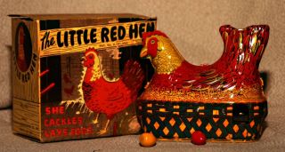 Antique Little Red Hen Tin Litho Toy With 3 Colored Eggs Box