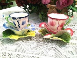 Set Of Two Rare Adorable Mini Flower Tea Cups & Leaf/petal/bud Saucers