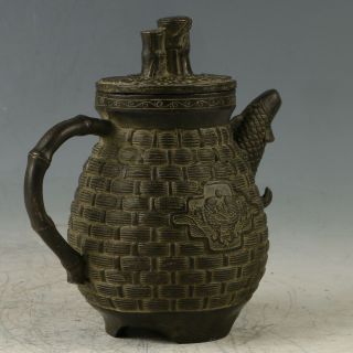 Old Chinese Bronze Hand Made Fish With Cover Teapot Gl442