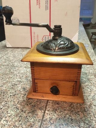 Antique Vintage Coffee Grinder With Dovetail Wood & Cast Iron