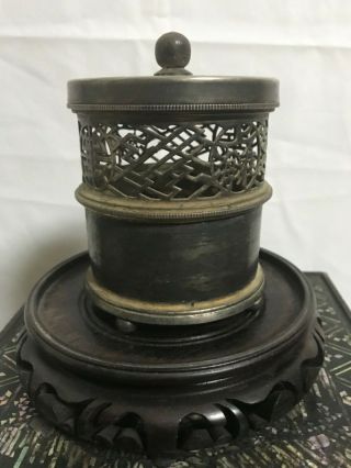 Chinese Antique Paktong Silver Plated Incense Burner Holder Scholar Art