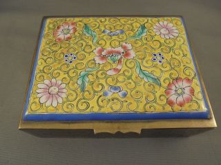 Antique Vintage Chinese Canton Enamel Cigarette Box Wood Lining Yellow W Flowers