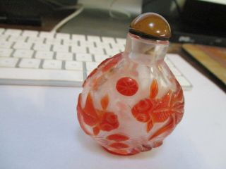 Vintage Chinese Snuff Bottle Goldfish Overlay Glass With Lid