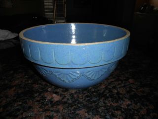 Antique Vintage Blue Yellow Ware Stoneware Pottery Mixing Bowl 10 "