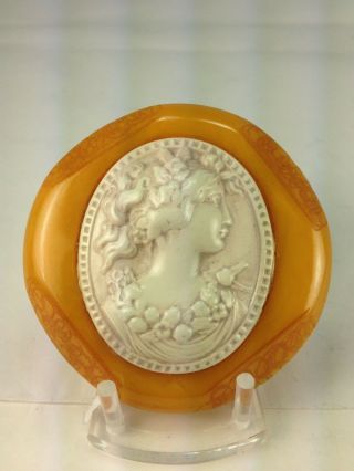 Art Deco Antique Cameo On Butterscotch Bakelite Carved Brooch