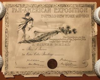 Rare Silver Medal Certificate Pan American Exposition 1901 Buffalo Ross S Turner