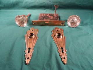 Vintage Glass Door Knobs Set With Face Plates And Corbin Mortise Lock With Key