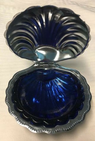 Vintage Silver Plated Butter/sugar Dish With Cobalt Blue Clam Shell Inside