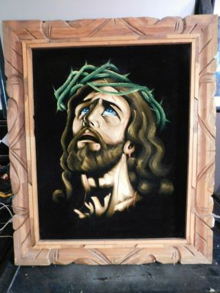 Vintage Large Framed Jesus W/crown Of Thorns Paint On Velvet Painting