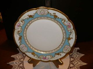 Lovely Antique T&v France Blue Border/pink Floral/gold Accented Plate 9 - 1/2 "