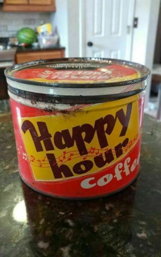 RARE 1940s HAPPY HOUR One Pound Coffee tin can General Coffee St Louis Missouri 3