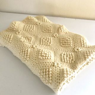 Vintage Handmade Crochet Knit 3d Cream Ivory Throw Blanket 40”x 57”