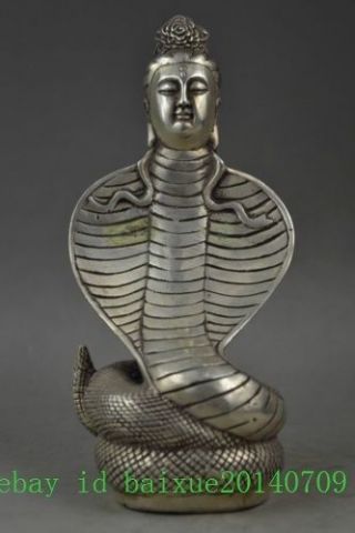China Old Copper Plating Silver Snake Body Bodhisattva Head Buddha Statue D02