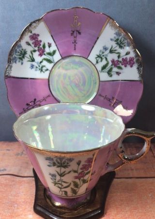 Pink Luster Pearlescent Tea Cup & Saucer Vintage Footed Base Floral 2p