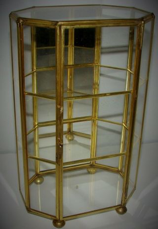 Vintage Brass & Glass Table Curio Display Case 8.  5” Tall W/ 3 Shelves & Mirror