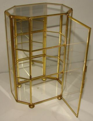 Vintage Brass & Glass Table Curio Display Case 8.  5” tall w/ 3 Shelves & Mirror 2