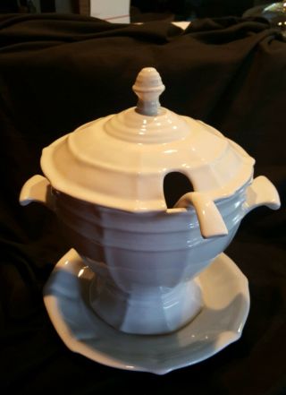 Vintage White Ironstone Soup Tureen W/under Plate & Ladle 3 Qt