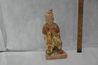 Vintage Chinese Asian Glazed Ceramic Man Statue,  Green,  Brown,  White