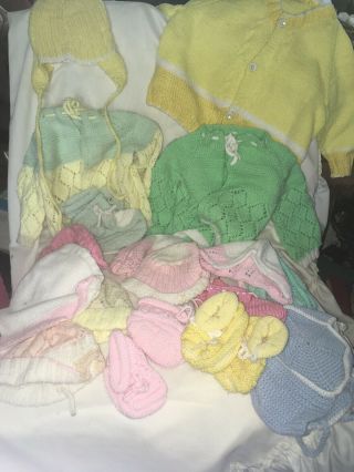 Vintage Baby Doll Clothes And Hand Crocheted 4 Pairs Booties And 10 Hats