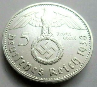 (793) Rare Wwii German 5 Mark - 1938 G - 90 Silver - Coin Big Swastika