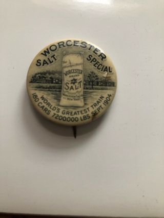Rare Antique Worcester Salt Celluloid Advertising Pin Pinback Button 1904