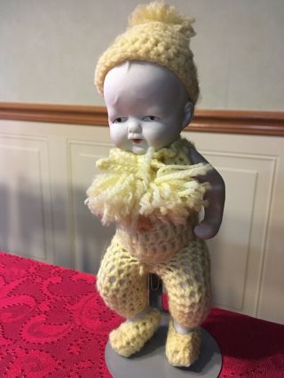 Vintage Japan Arms And Legs Strung Bisque Porcelain Doll In Knit Outfit 8 "