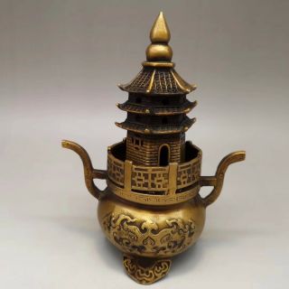 Chinese Old Brass Fortune Lucky Pagoda Incense Burner Statue Rn
