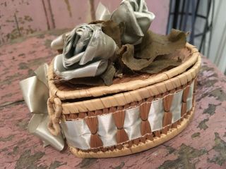 Lovely Antique Wicker Heart Basket Ribbon Work Roses Millinery Circa 1920s J
