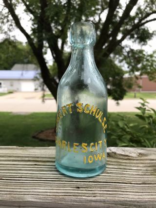 Charles City,  Iowa Rare 1885 - 1892 Robert Schulze Aqua Blob Top Soda Bottle